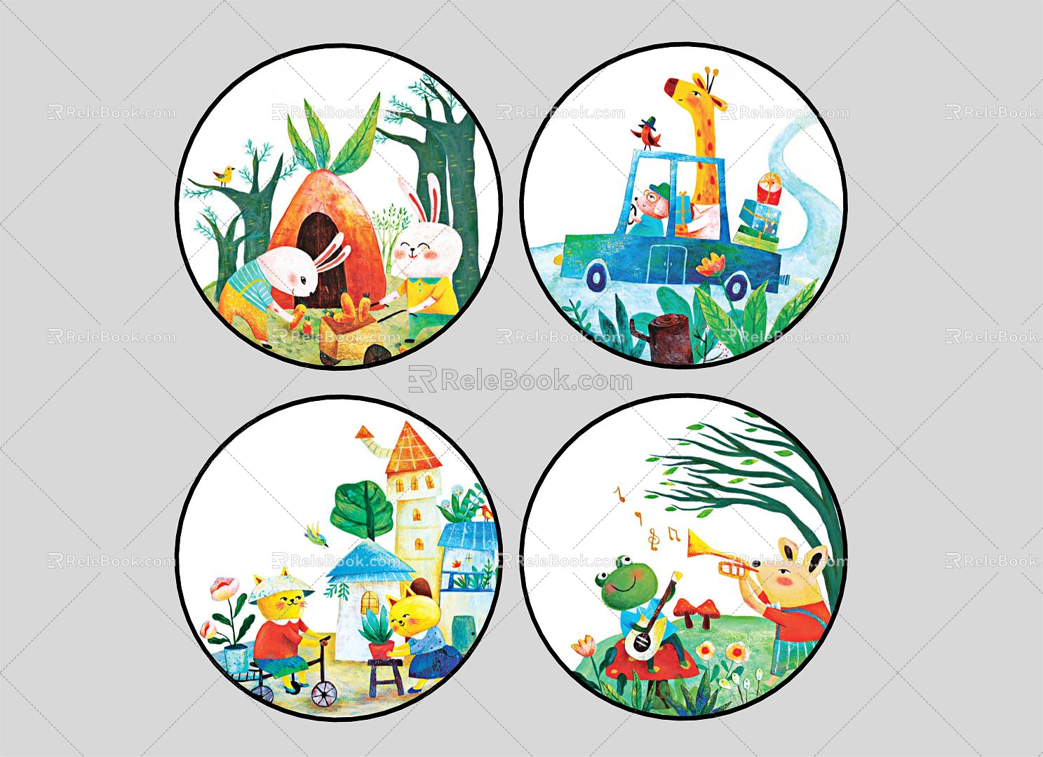 Modern round frame painting children's cartoon decorative painting rabbit giraffe frog 3d model