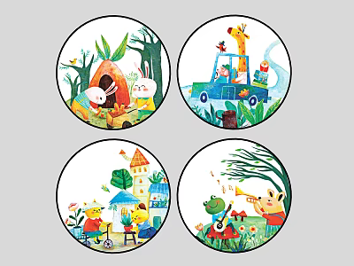 Round Frame Paintings with Cartoon Animal Scenes and Colorful Children Illustrations 3d model