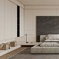Modern Minimalist Bedroom Interior Design With Grey Textured Headboard Wall And Floor To Ceiling Windows