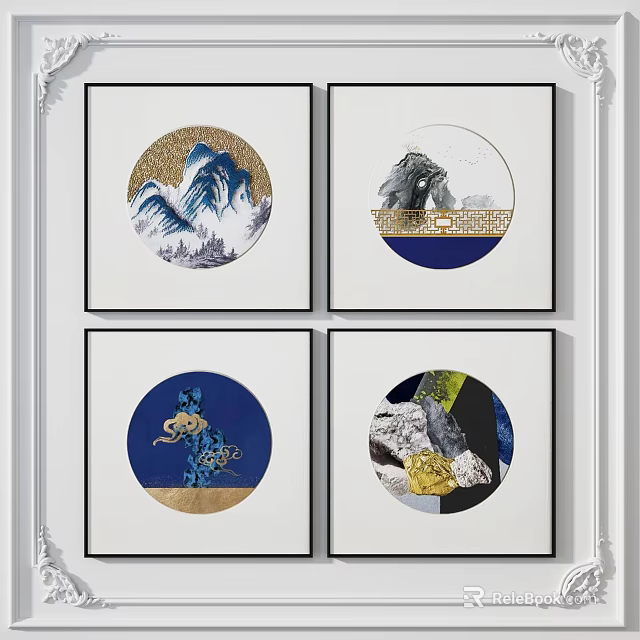 Traditional Chinese Circular Decorative Paintings With Mountain Animal And Geometric Patterns 3d model 