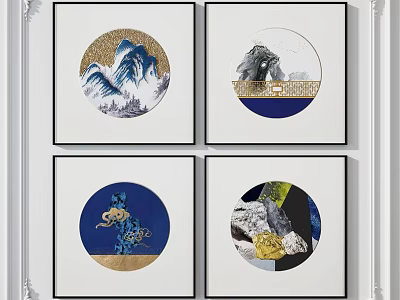 Traditional Chinese Circular Decorative Paintings With Mountain Animal And Geometric Patterns 3d model