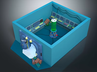 Cartoon Scene Featuring Blue Room Green Machine Yellow Characters Equipment Wires And Brown Boxes 3d model