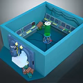 Cartoon Scene Featuring Blue Room Green Machine Yellow Characters Equipment Wires And Brown Boxes