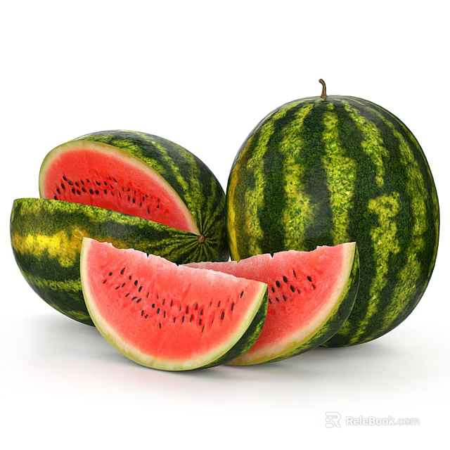 Fresh Whole and Sliced Watermelon with Juicy Red Flesh and Black Seeds 3d model 