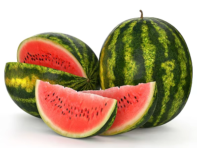 Fresh Whole and Sliced Watermelon with Juicy Red Flesh and Black Seeds 3d model