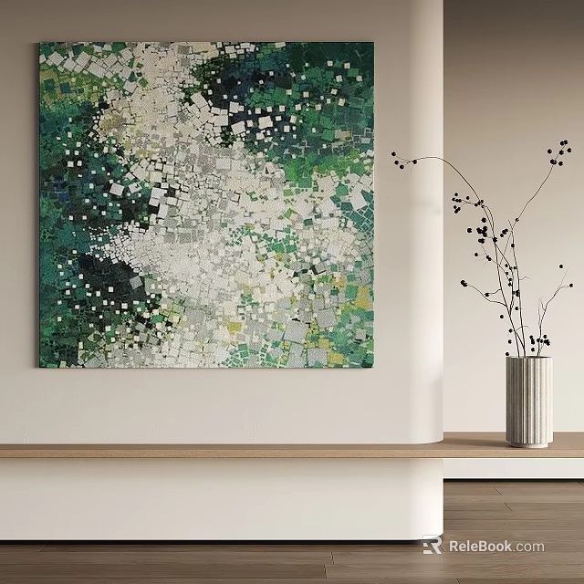 Modern Abstract Painting With Green White Square Patterns On Interior Wall With Decorative Vase 3d model 