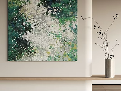 Modern Abstract Painting With Green White Square Patterns On Interior Wall With Decorative Vase 3d model