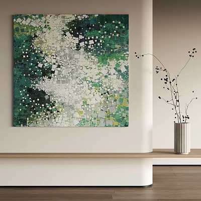 Modern Abstract Painting With Green White Square Patterns On Interior Wall With Decorative Vase 3d model