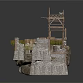 Ancient City Wall Tower 3D Model With Wooden Scaffolding Stone Structure And Grass Details