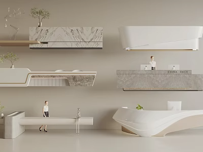 Modern Reception Desk Interior With Marble Countertops Green Plants And Various Stylish Designs 3d model