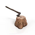 Old Fashioned Axe With Wooden Handle Stuck In Rough Round Tree Stump 3d model