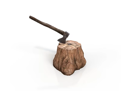 Old Fashioned Axe With Wooden Handle Stuck In Rough Round Tree Stump 3d model