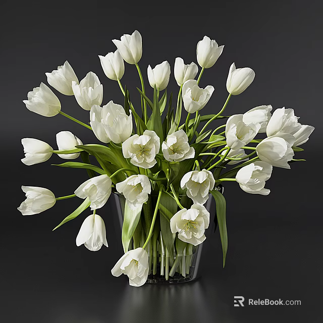 Fresh White Tulips in Elegant Clear Glass Vase for Home Interior Decor 3d model 