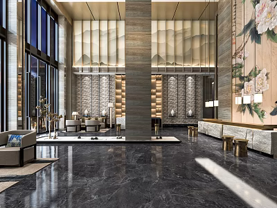 Elegant Hotel Lobby Interior With Marble Floor Sofa And Peony Decorative Paintings 3d model