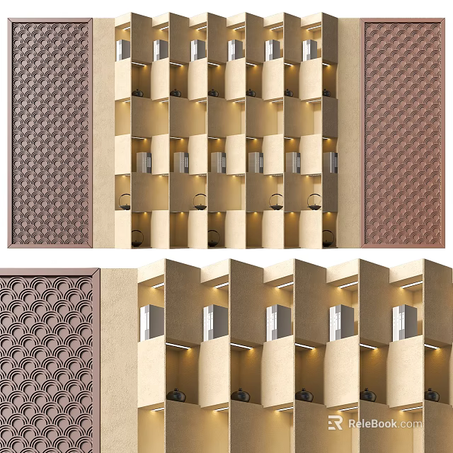 Modern Background Wall Design With Brown Textured Panels Grid Structure And Embedded Lighting 3d model