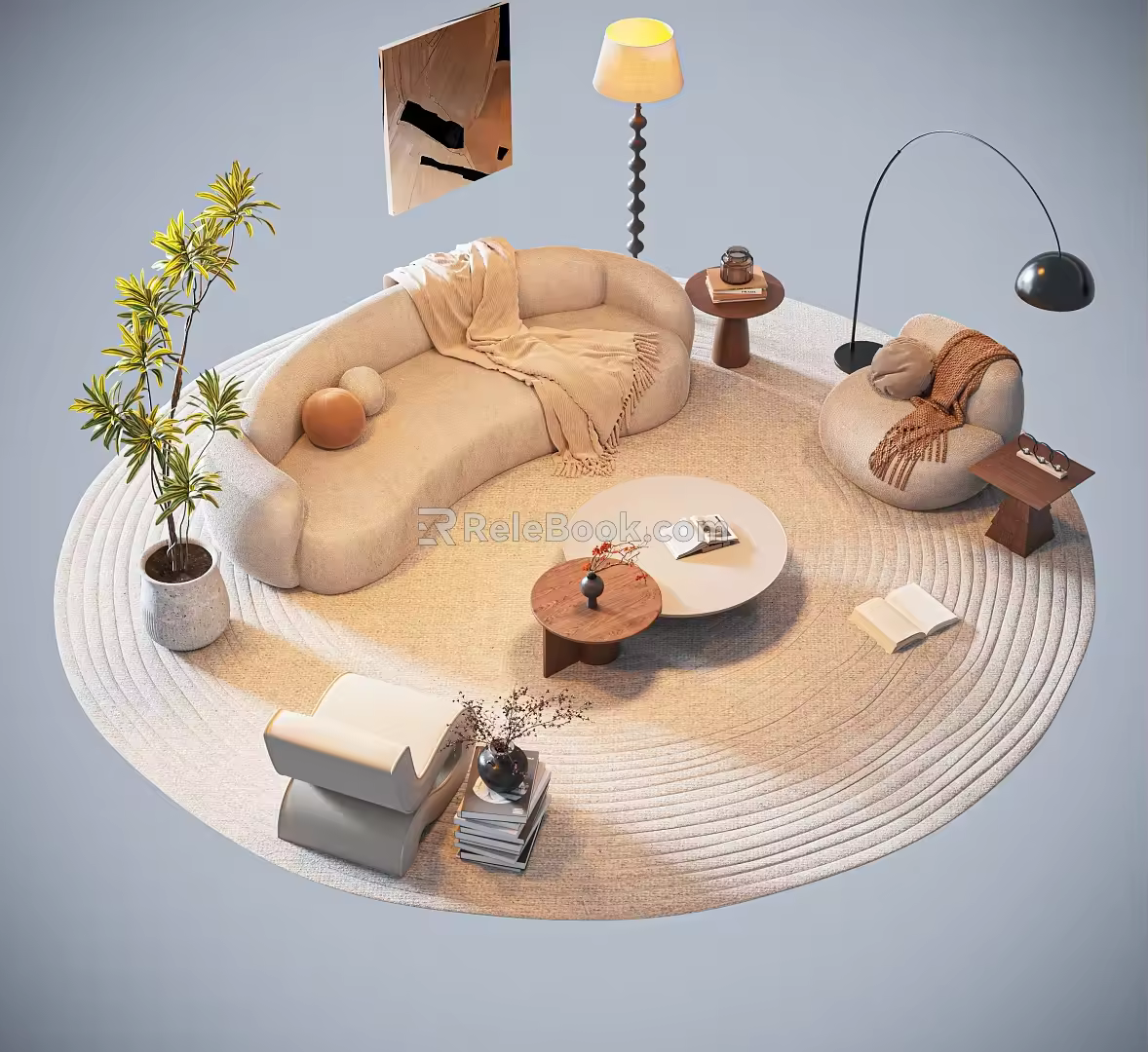 Quiet Cream Style Sofa Tea Table Combination Curved Sofa Three-Person Sofa Multi-Person Sofa Leisure Chair Floor Lamp 3d model