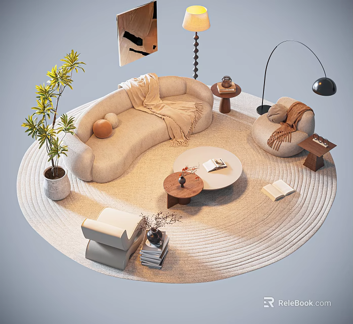 Cozy Casual Sofa Set with Curved Sofa Armchair Round Rug Floor Lamp and Potted Plant 3d model 