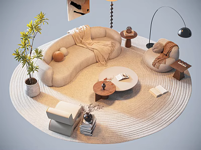 Cozy Casual Sofa Set with Curved Sofa Armchair Round Rug Floor Lamp and Potted Plant 3d model