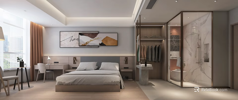Hotel Guest Room Interior Design with Comfortable Bed Wall Art and Wooden Wardrobe 3d model 