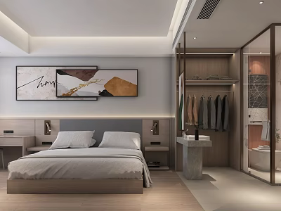 Hotel Guest Room Interior Design with Comfortable Bed Wall Art and Wooden Wardrobe 3d model