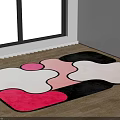 Modern Square Rug With Irregular Pink Black White Red Geometric Patterns On Wooden Floor
