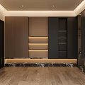 Modern Foyer Hallway With Ambient Lighting Dark Cabinets And Marble Details