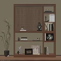 Stylish Wooden Bookcase with Open Shelves Books Decorative Sculptures and Potted Plant