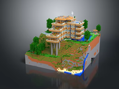 Cartoon Minecraft Hillside Scene With Multi Level Building Trees Grass Waterfall And Water Area 3d model
