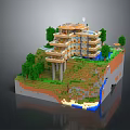 Cartoon Minecraft Hillside Scene With Multi Level Building Trees Grass Waterfall And Water Area