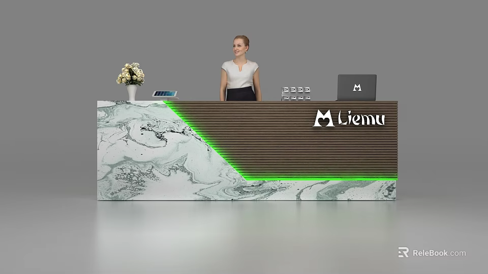Modern Reception Desk With Marble Countertop Green LED Strip Liemu Logo And Receptionist 3d model 