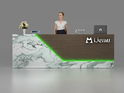Modern Reception Desk With Marble Countertop Green LED Strip Liemu Logo And Receptionist 3d model