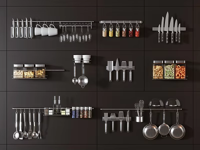 Modern Kitchen Wall Mounted Storage With Assorted Utensils Knives Pots And Containers 3d model