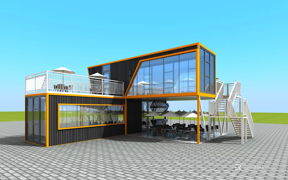 Two Story Container Building With Yellow Black Framed Large Glass Windows Balcony And Outdoor Seats 3d model 