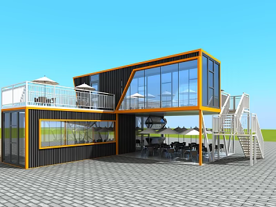 Two Story Container Building With Yellow Black Framed Large Glass Windows Balcony And Outdoor Seats 3d model