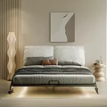 Modern Bedroom Interior Design Featuring White Pillows Gray Bedding Geometric Painting And Potted Plant