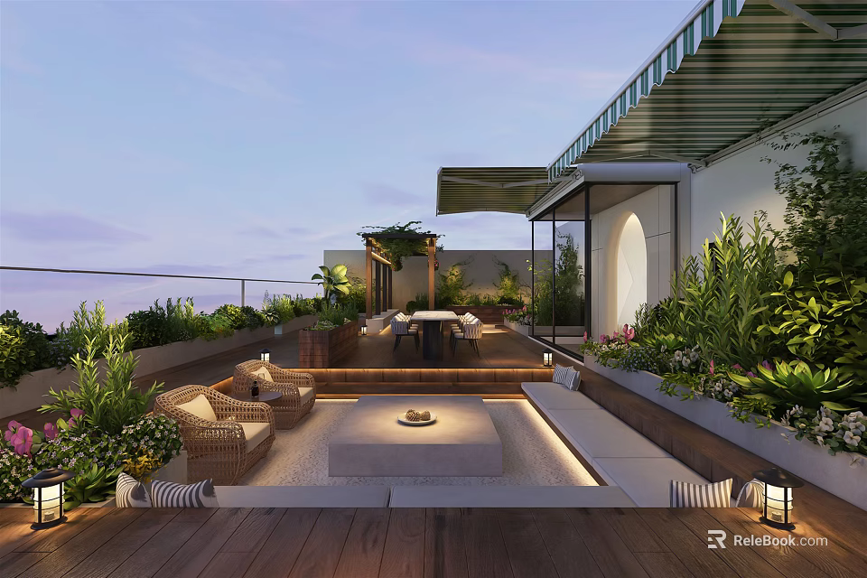 Rooftop Garden Design With Outdoor Seating Fire Pit Wooden Deck And Lush Greenery 3d model 
