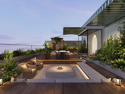 Rooftop Garden Design With Outdoor Seating Fire Pit Wooden Deck And Lush Greenery 3d model