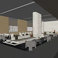 Modern Sales Office Interior With Spacious Lounge Sofas Tables Greenery And Pendant Lights