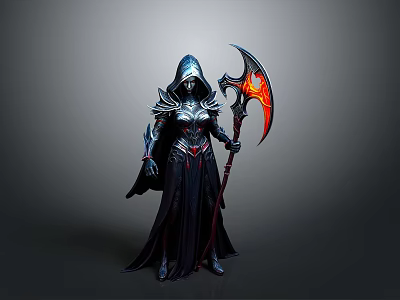 Hooded Armored Woman Holding Flaming Scythe In Dark Mystical Attire 3d model