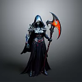 Hooded Armored Woman Holding Flaming Scythe In Dark Mystical Attire