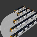 Modern Multiple Trains With Orange And Blue Design Parked On Tracks