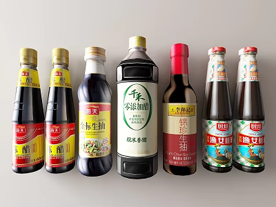 Various Kitchen Condiment Bottles With Different Labels And Colorful Design 3d model