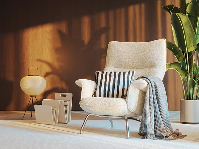 Stylish Leisure Chair With Striped Pillow Gray Throw Blanket Wooden Wall Green Plant Table Lamp 3d model