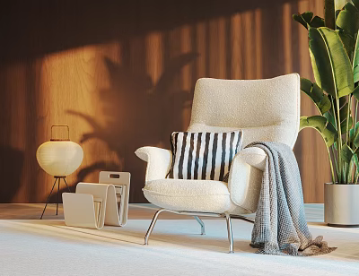 Stylish Leisure Chair With Striped Pillow Gray Throw Blanket Wooden Wall Green Plant Table Lamp 3d model