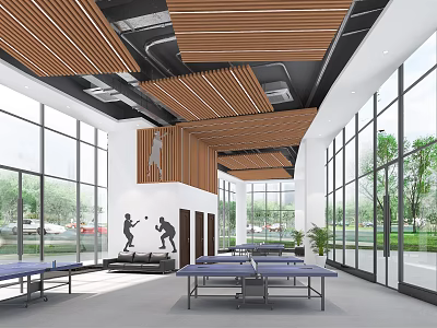 Spacious Indoor Sports Gym With Ping Pong Tables And Player Silhouettes 3d model