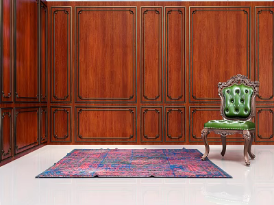 Elegant Green Velvet Single Sofa in Room with Wooden Paneled Walls and Colorful Rug 3d model