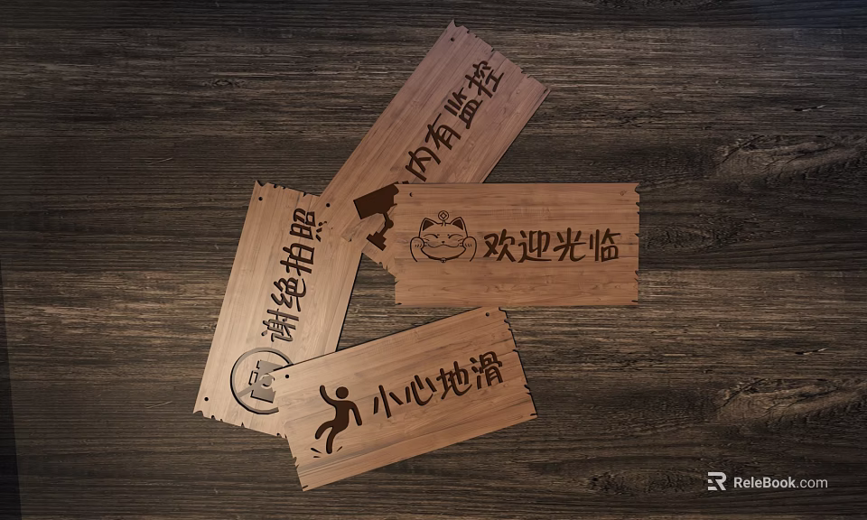 Wooden Warning And Welcome Signs With No Photography Caution Wet Floor And Surveillance 3d model 