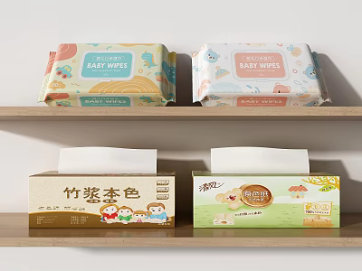 Essential Daily Necessities Baby Wipes With Colorful Packaging And Bamboo Tissue Boxes On Shelf 3d model