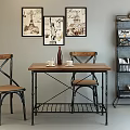 Vintage Wooden Top Metal Frame Dining Table And Cross Back Leather Seat Chairs Set