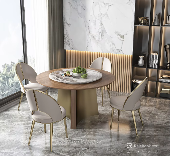 Modern Round Dining Table Set With Marble Top Wooden Gold Legs And Light Colored Chairs 3d model 